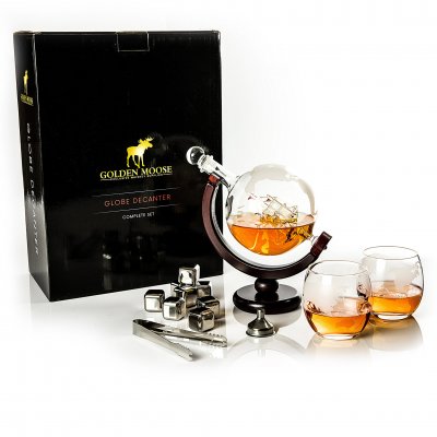 Whiskeykaraff Globe med 2 glas & 8 whiskeystenar, 0,85 liter
